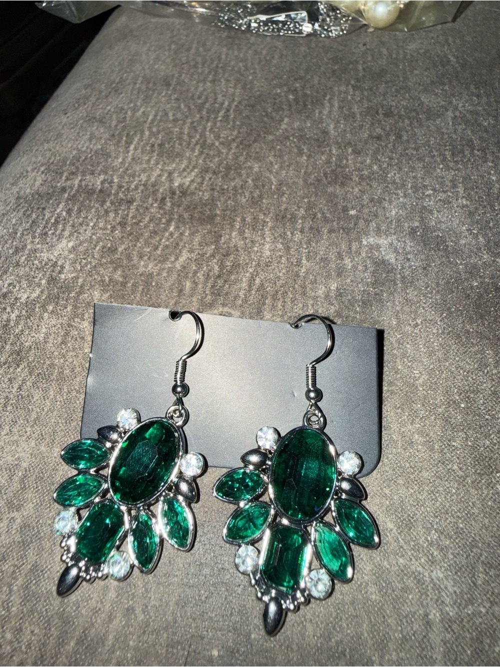 Green Crystal Drop Earrings with Silver-Tone Accents
